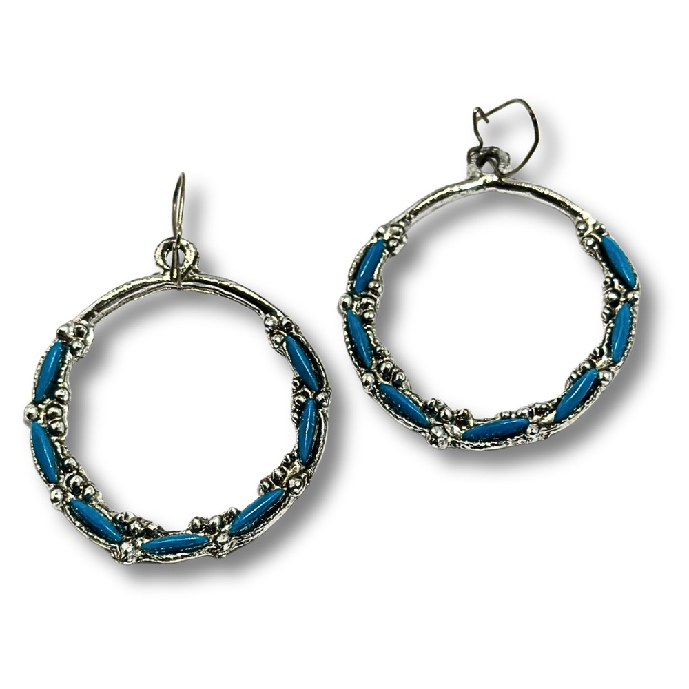 Silvertone & Turquoise Color Circular Dangle Pierced Earrings